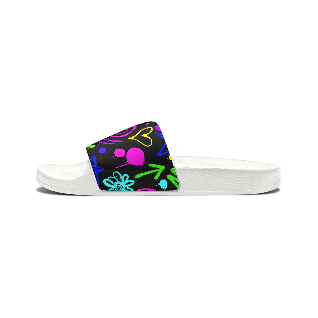 Neon Doodle Hearts and Flowers Youth Sandals | Removable Strap Slides