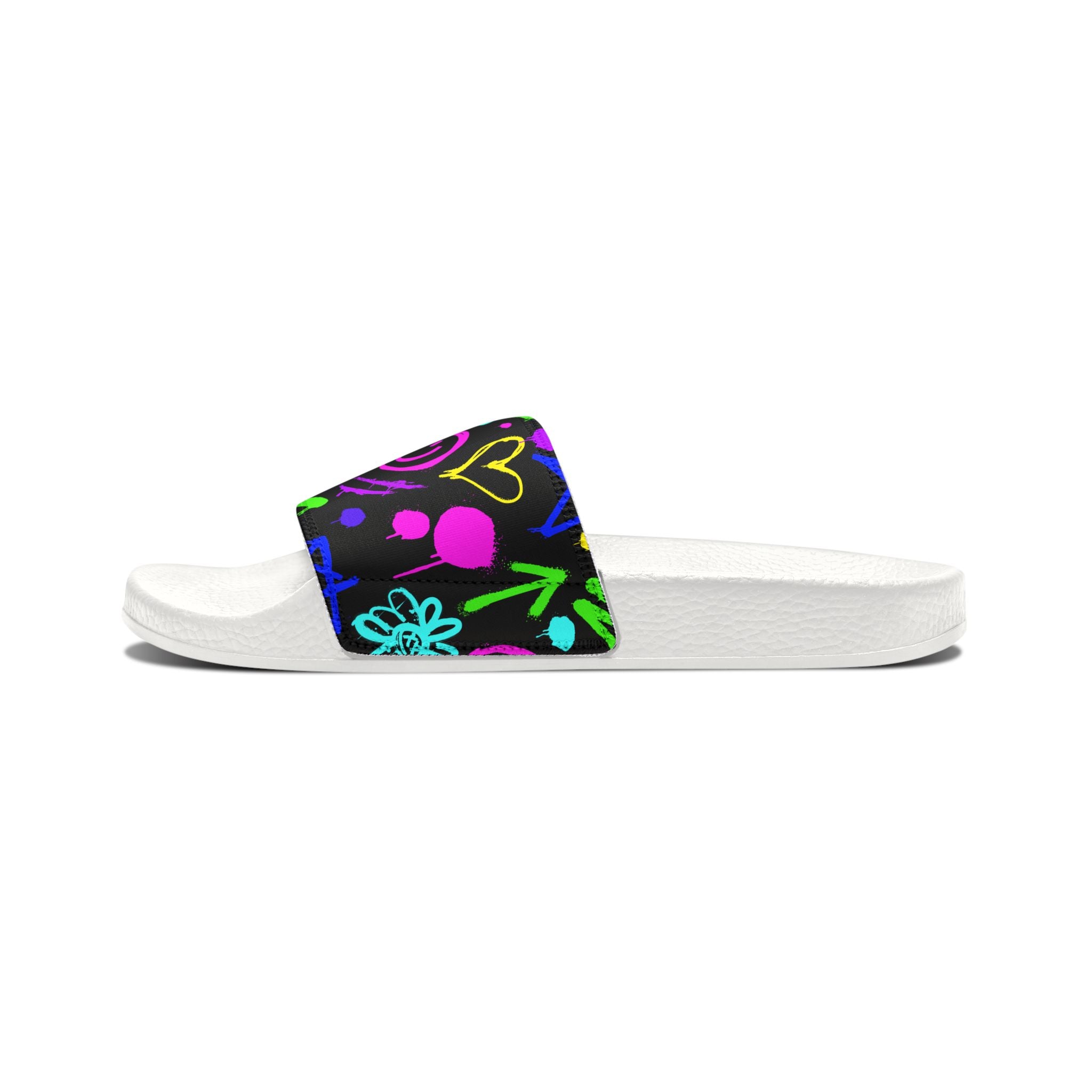 Neon Doodle Hearts and Flowers Youth Sandals | Removable Strap Slides