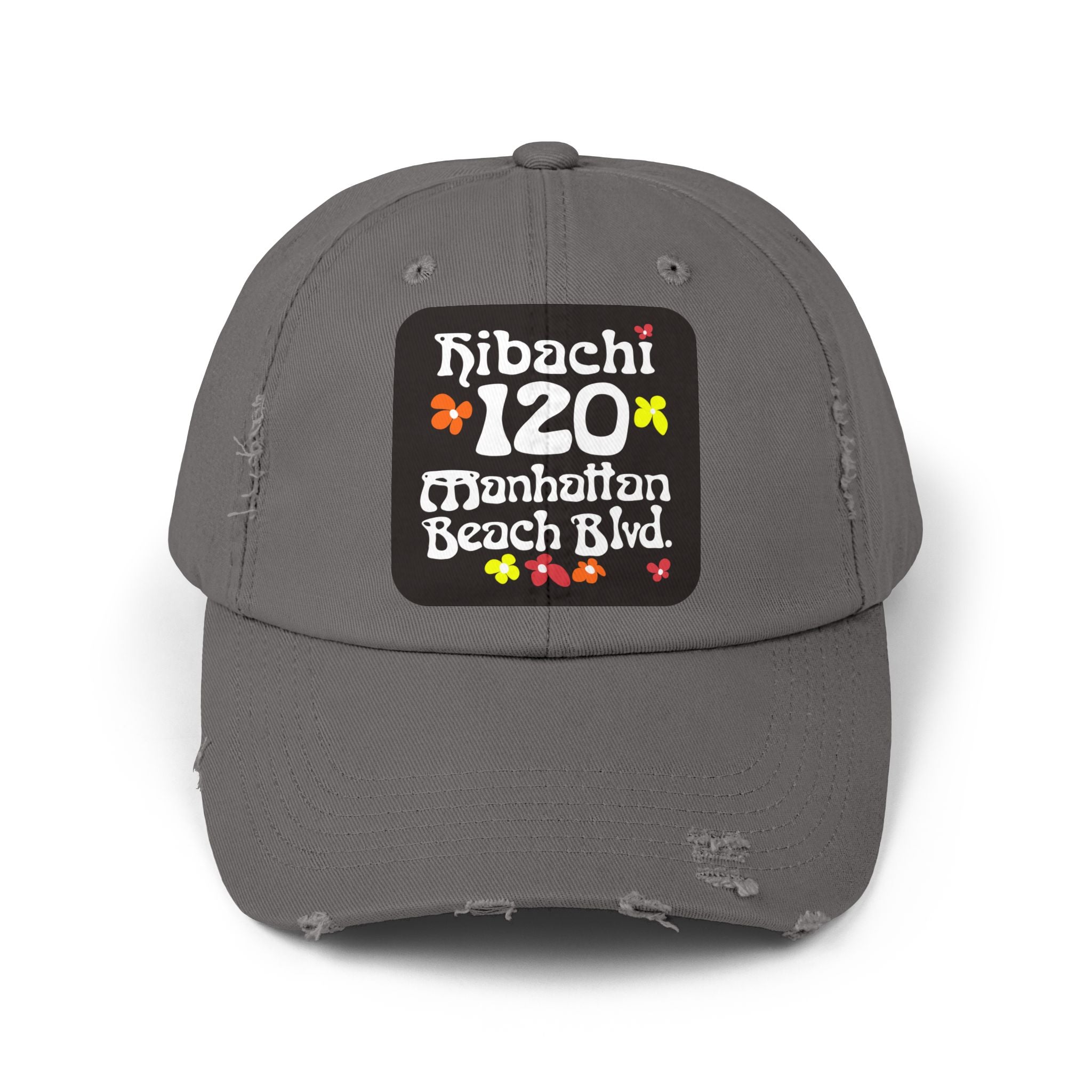 Distressed Cap — Hibachi 120 Manhattan Beach Blvd. Retro Floral Hat "Gone But Not Forgotten" #OldSchool