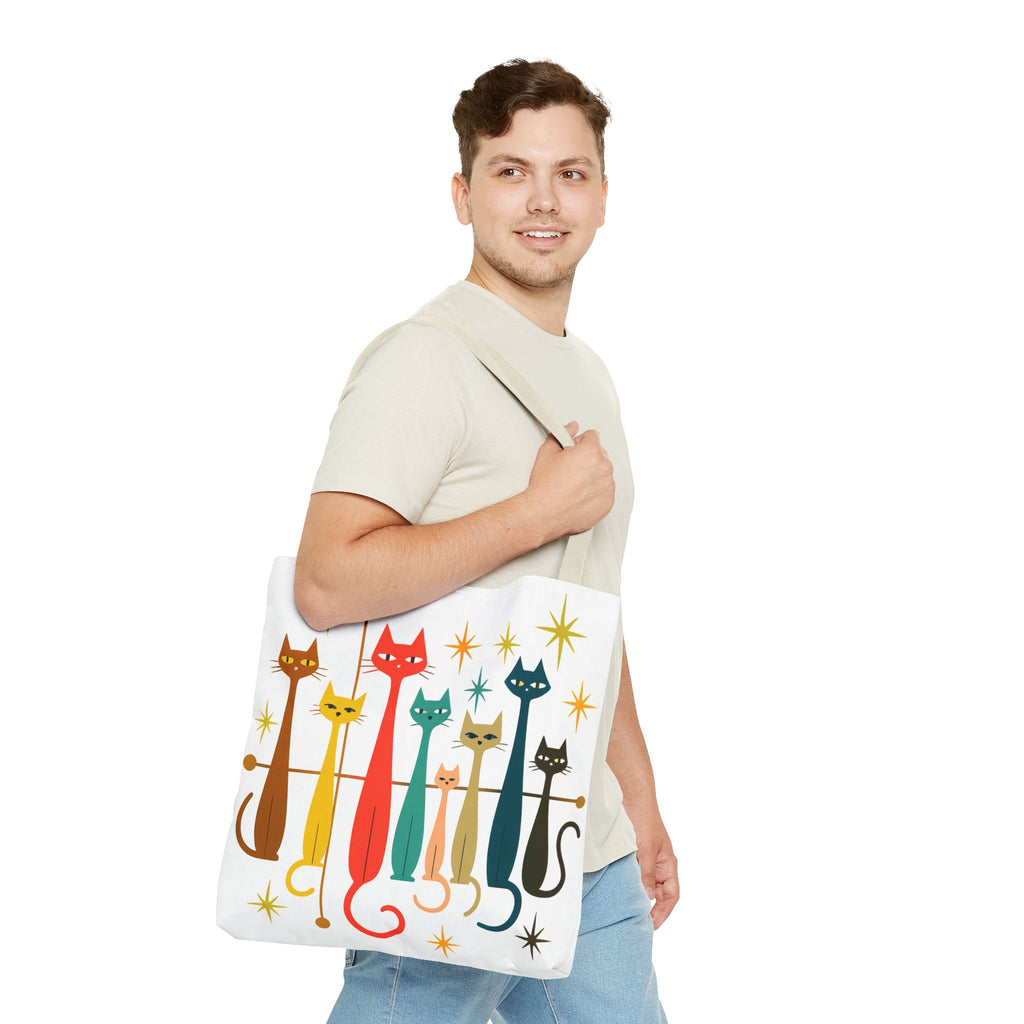 Retro Long Cats Tote Bag | Colorful Mid-Century Cat Pattern