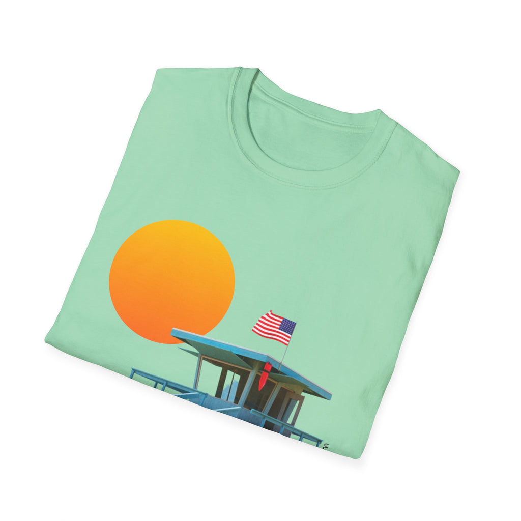South Bay Lifeguard Stand with American Flag Beach Scene M/W Softstyle T-Shirt