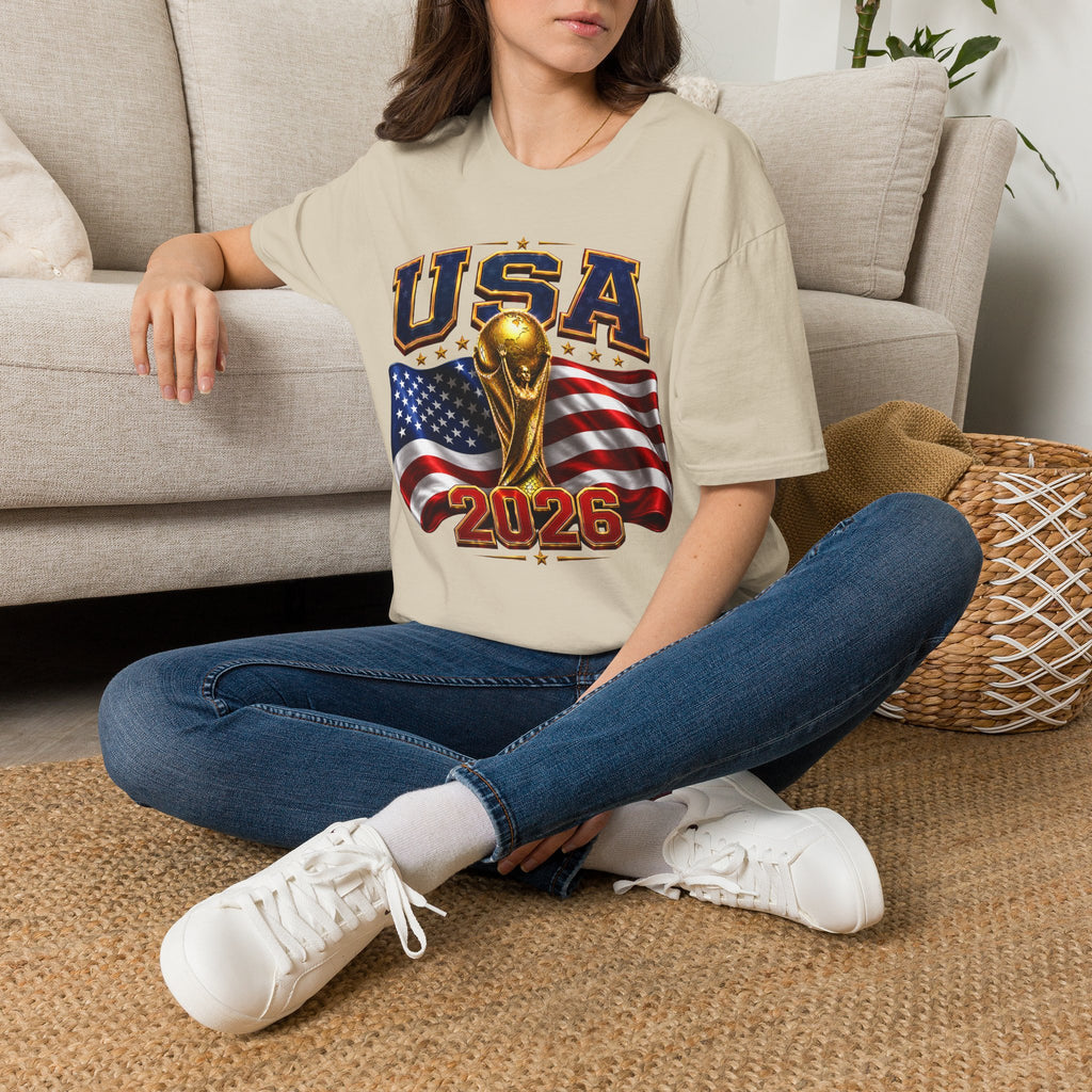 USA World Cup 2026 Soccer T-Shirt – American Flag & Trophy Design