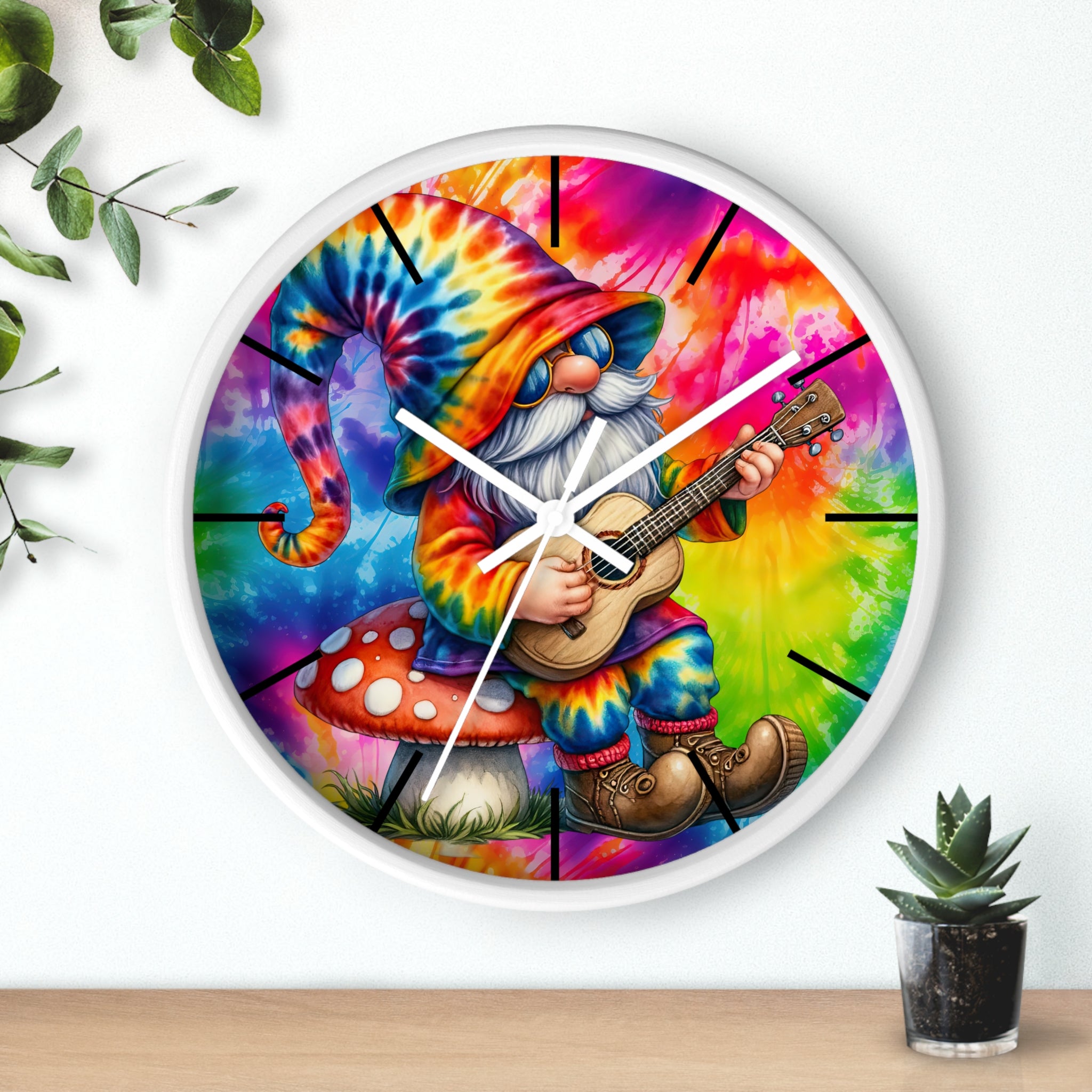 Tie-Dye Gnome Wall Clock — Psychedelic Mushroom Guitar Decor
