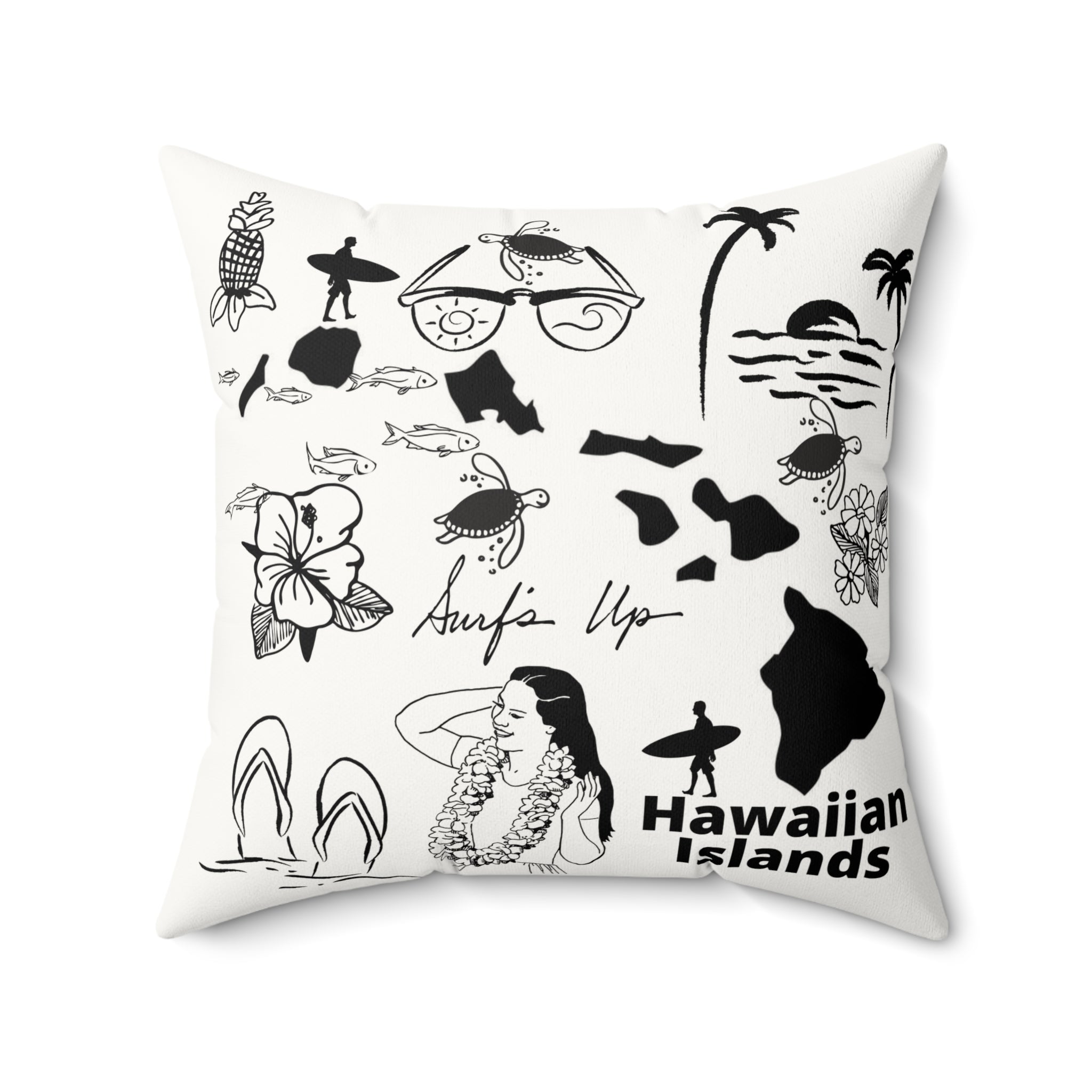 Hawaiian Islands - Black and White Faux Suede Square Pillow