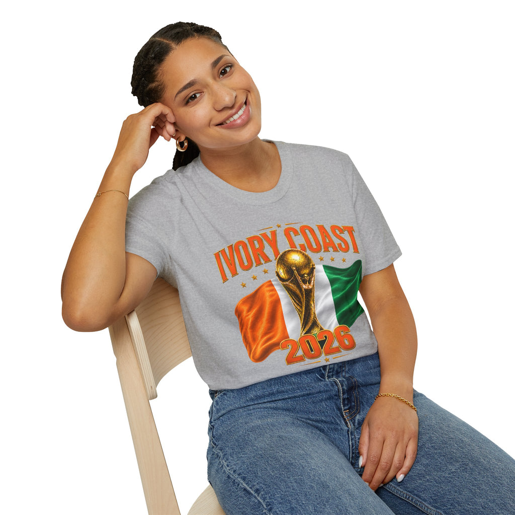 Ivory Coast 2026 World Cup T‑Shirt — FIFA Trophy & Flag Soccer Fan Tee