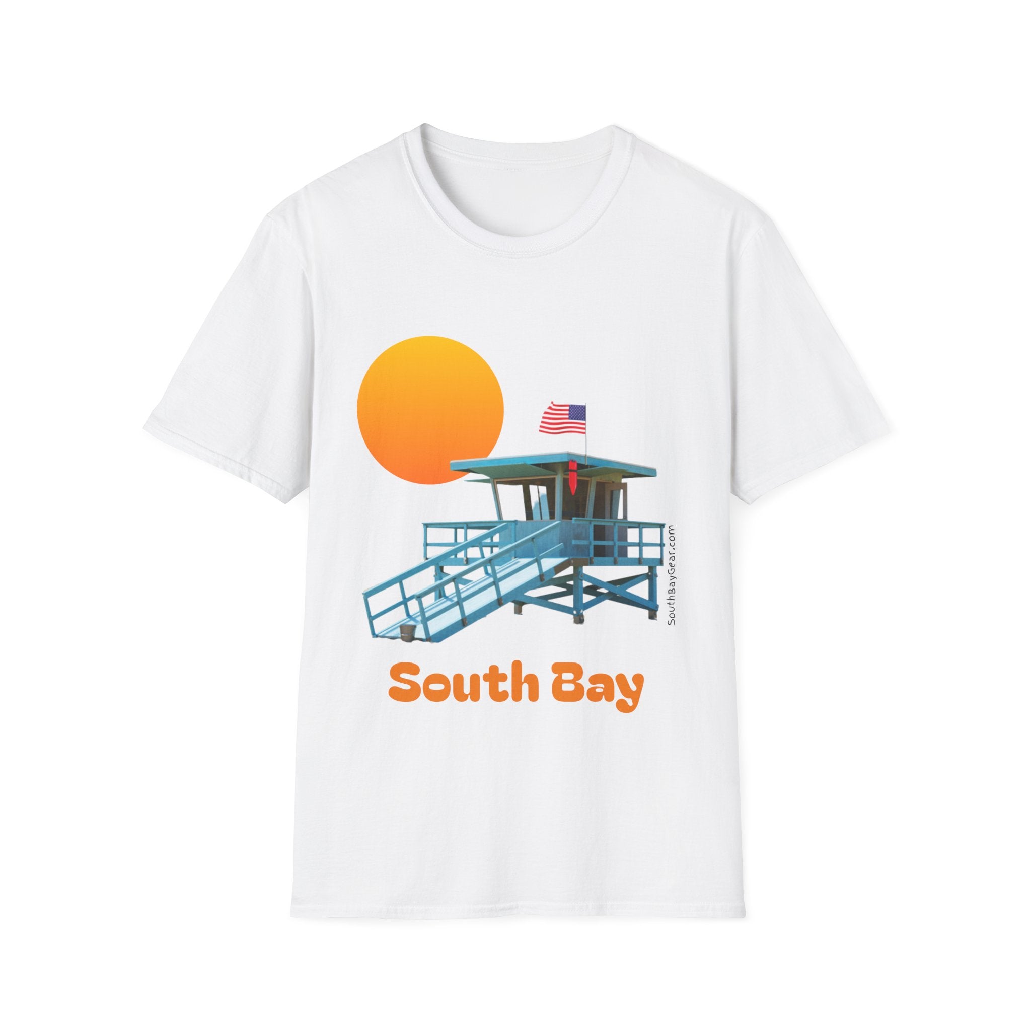 South Bay Lifeguard Stand with American Flag Beach Scene M/W Softstyle T-Shirt
