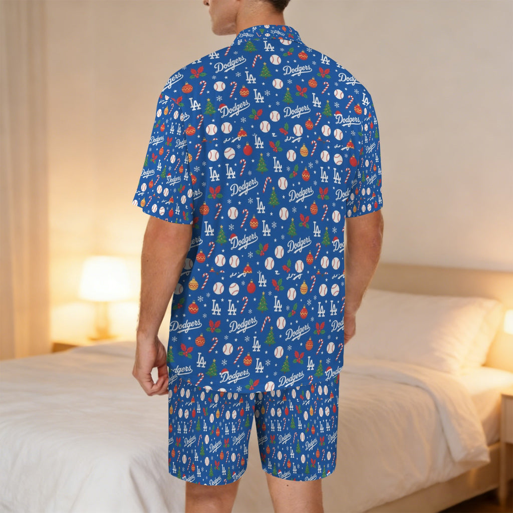 Dodgers Christmas Men's V-Neck Short Pajama Set (Made in USA，Ships to USA Only)