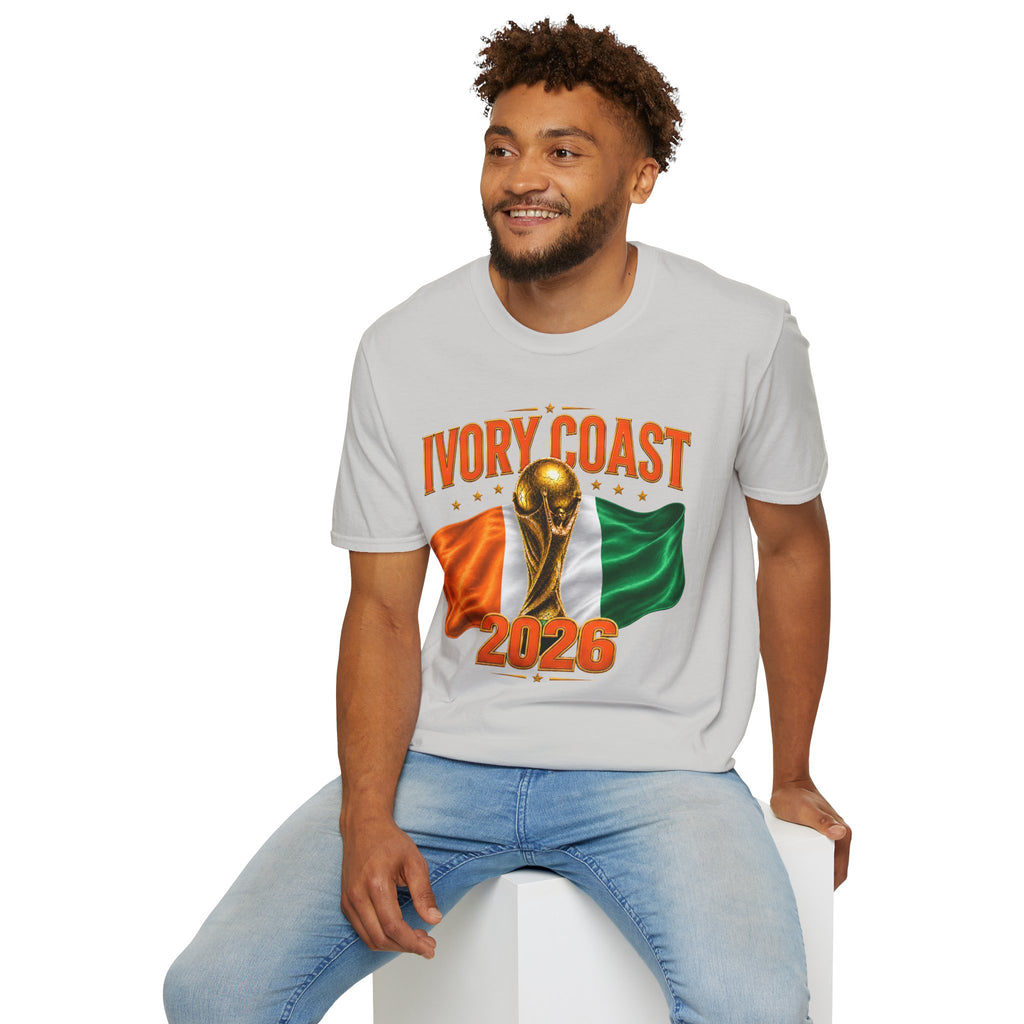 Ivory Coast 2026 World Cup T‑Shirt — FIFA Trophy & Flag Soccer Fan Tee