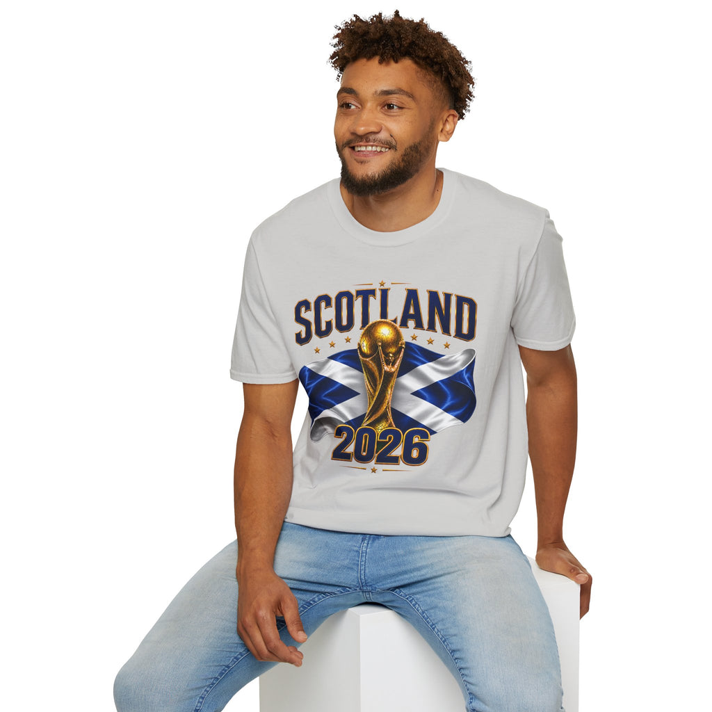 Scotland 2026 World Cup Soccer T-Shirt — Scottish Flag & Trophy Football Tee