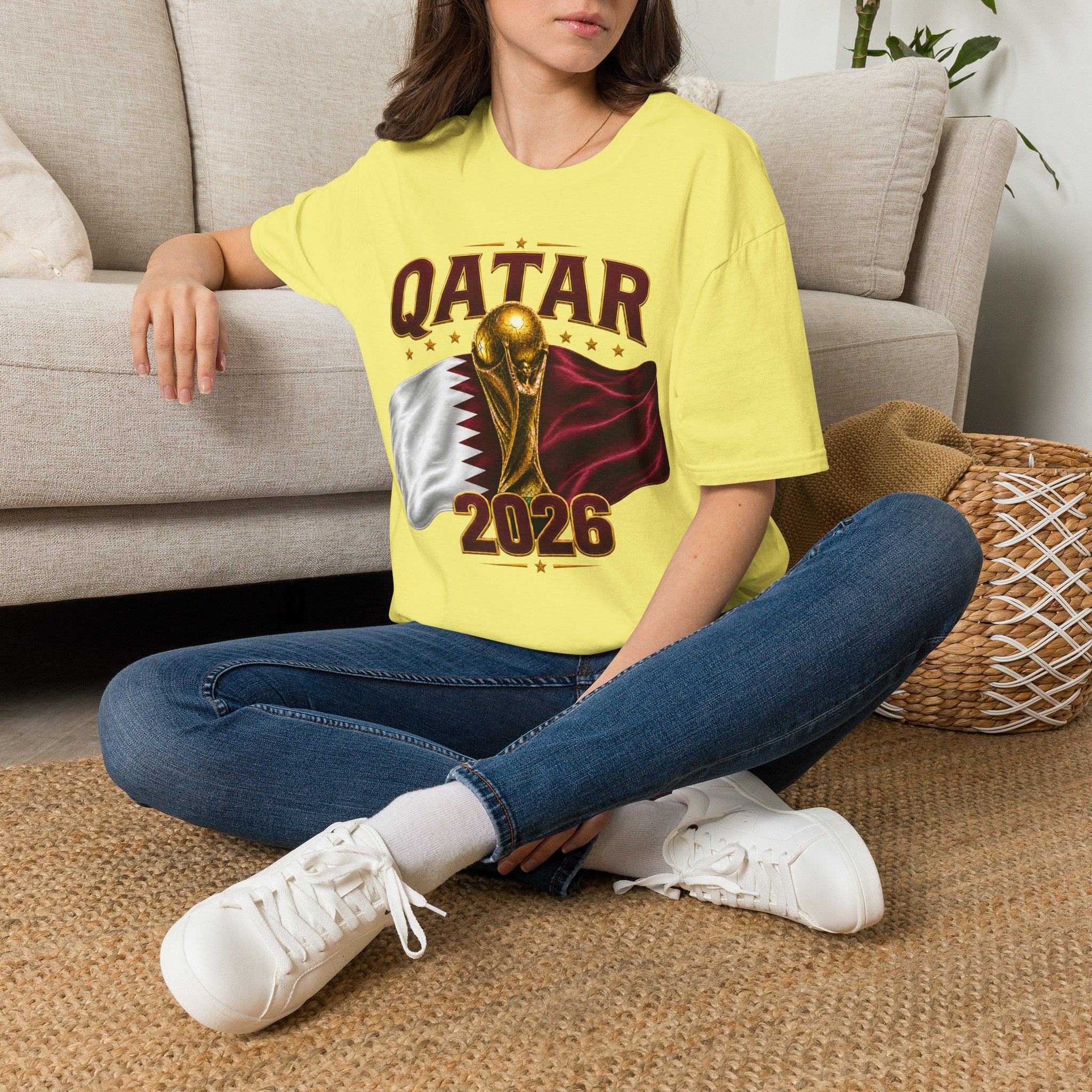 Qatar 2026 World Cup T-Shirt — Golden Trophy & Flag Soccer Tee