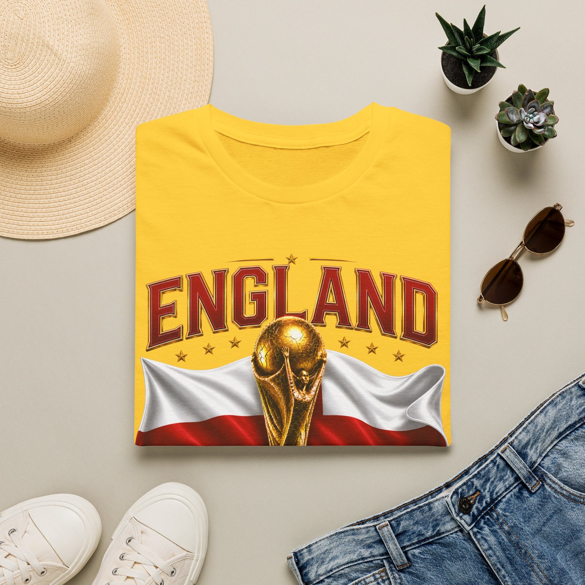 England 2026 World Cup T-Shirt — Gold Trophy & St George’s Flag Soccer Fan Tee