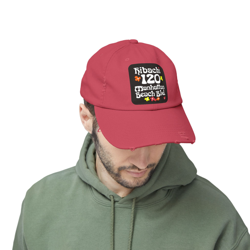 Distressed Cap — Hibachi 120 Manhattan Beach Blvd. Retro Floral Hat "Gone But Not Forgotten" #OldSchool