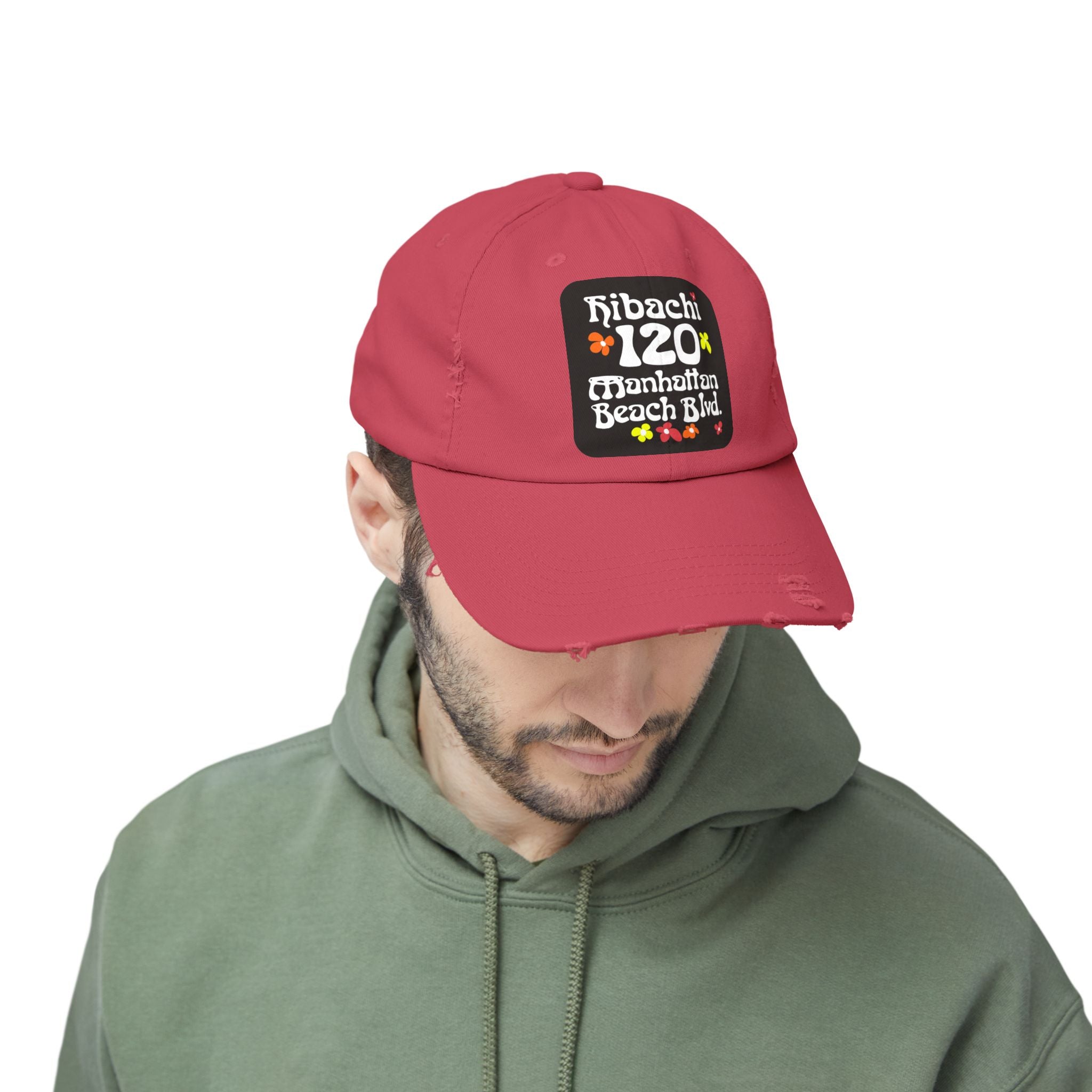 Distressed Cap — Hibachi 120 Manhattan Beach Blvd. Retro Floral Hat "Gone But Not Forgotten" #OldSchool