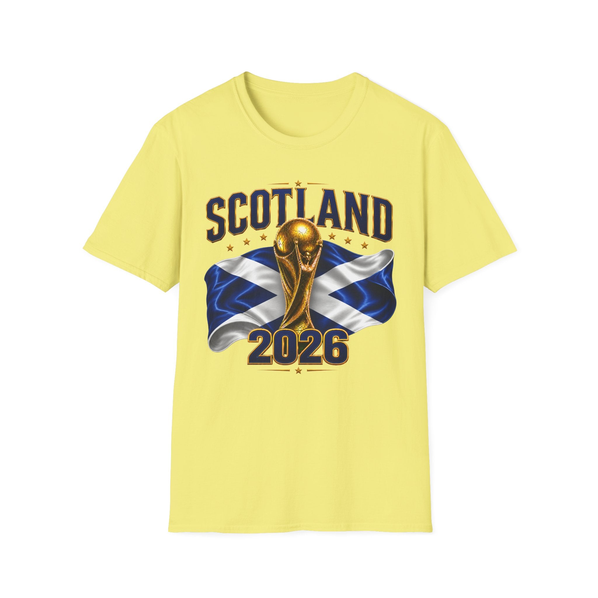 Scotland 2026 World Cup Soccer T-Shirt — Scottish Flag & Trophy Football Tee