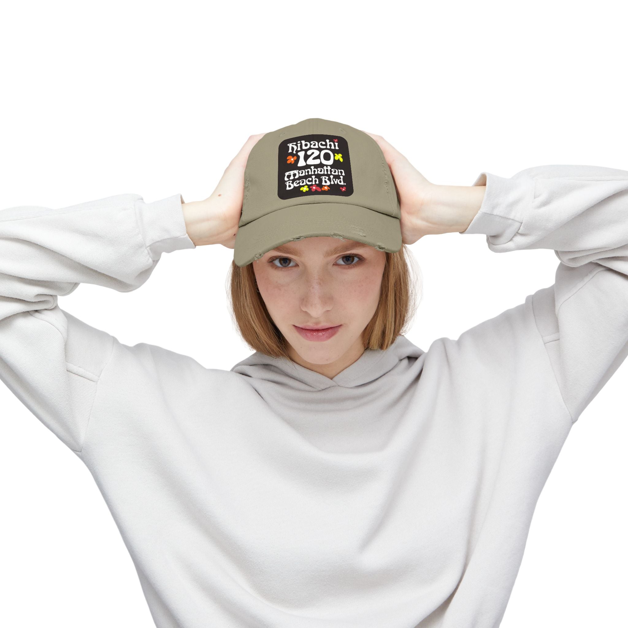 Distressed Cap — Hibachi 120 Manhattan Beach Blvd. Retro Floral Hat "Gone But Not Forgotten" #OldSchool