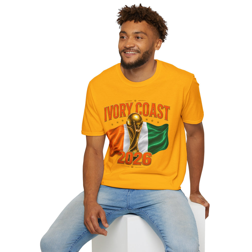 Ivory Coast 2026 World Cup T‑Shirt — FIFA Trophy & Flag Soccer Fan Tee