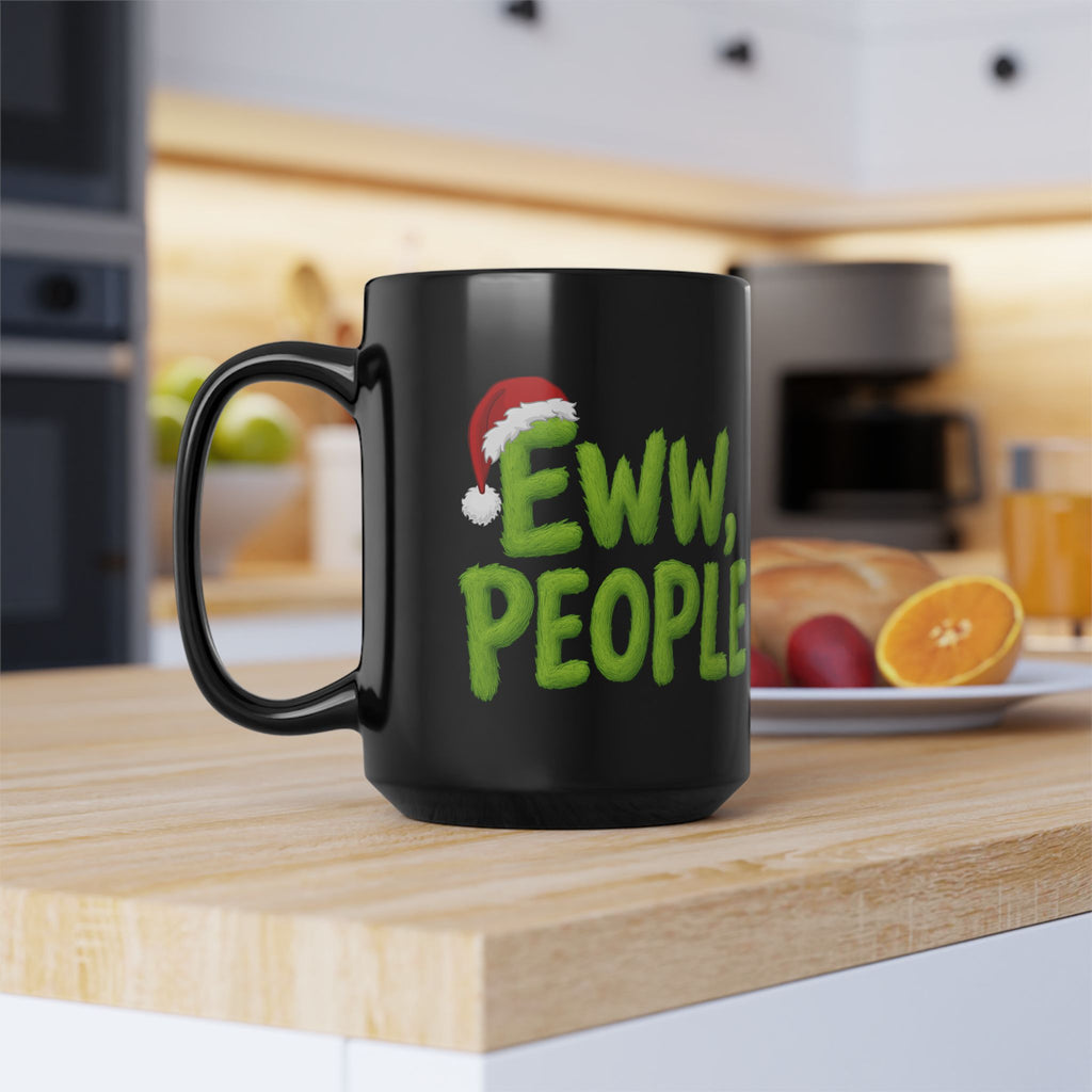 Eww People Mug | Black Ceramic Coffee Cup with Santa Hat Holiday Design