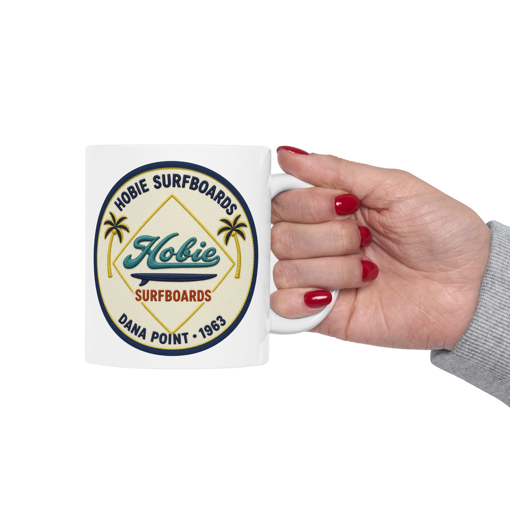 Vintage Beach Club Hobie Surfboards Ceramic Mug – Retro Palm Tree Surf Emblem Since 1963  (11oz, 15oz)