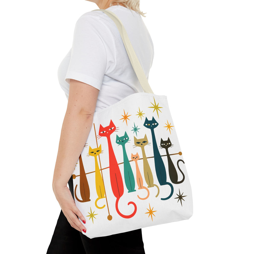 Retro Long Cats Tote Bag | Colorful Mid-Century Cat Pattern