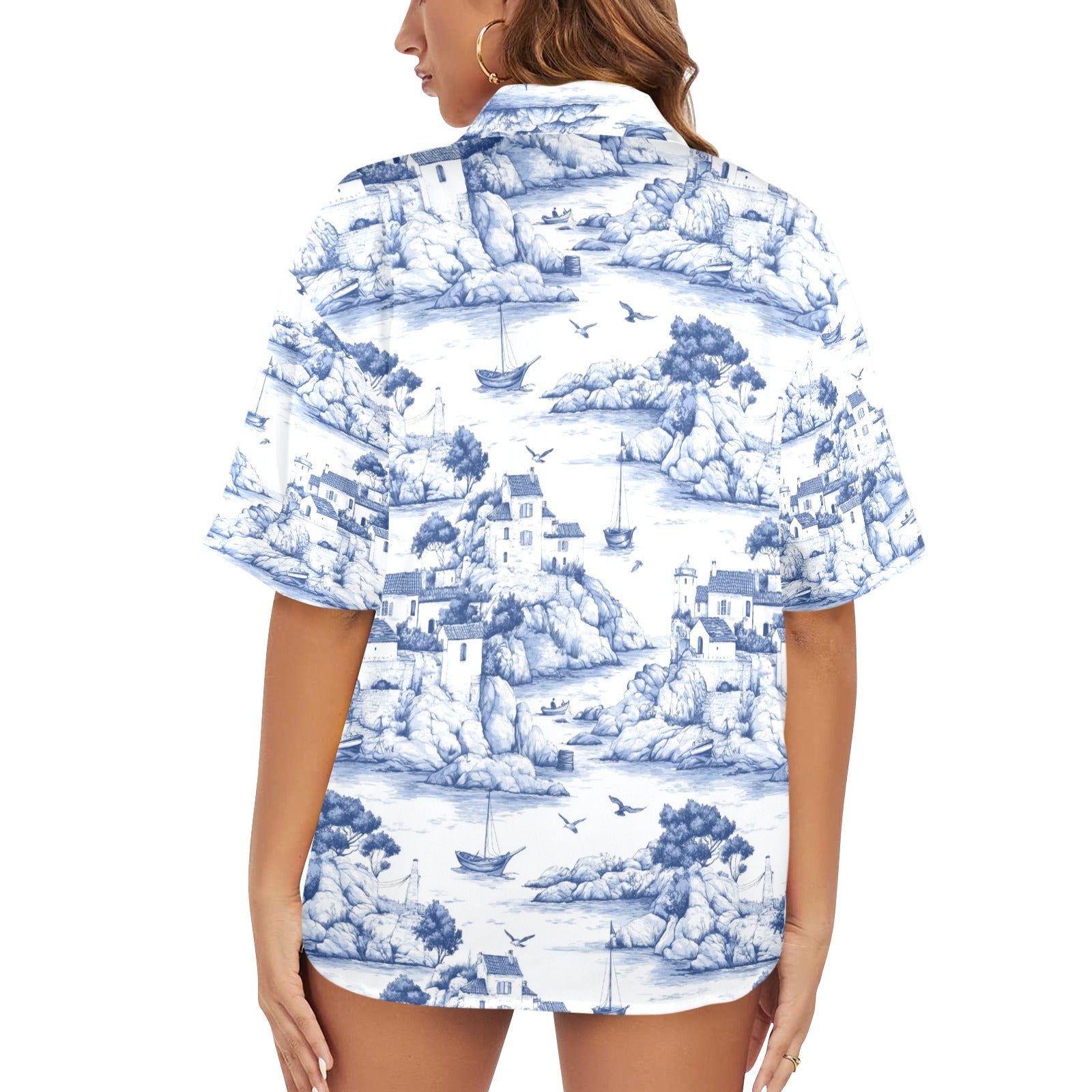 Island Retreat Nautical Women's All Over Print Hawaiian Shirt Made in USA