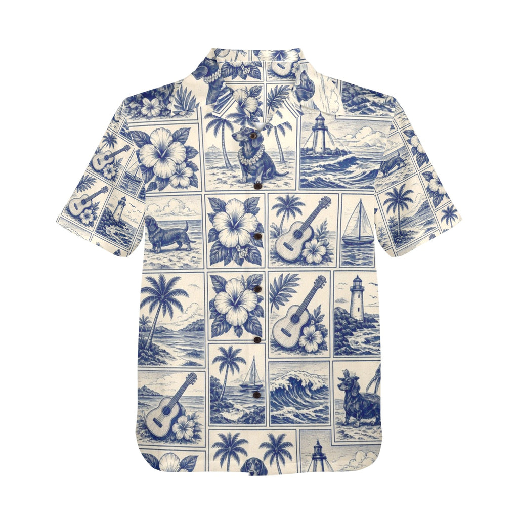 Dachshund Nautical Surf Style Men's All Over Print Hawaiian Shirt Made In USA Ships to USA Only