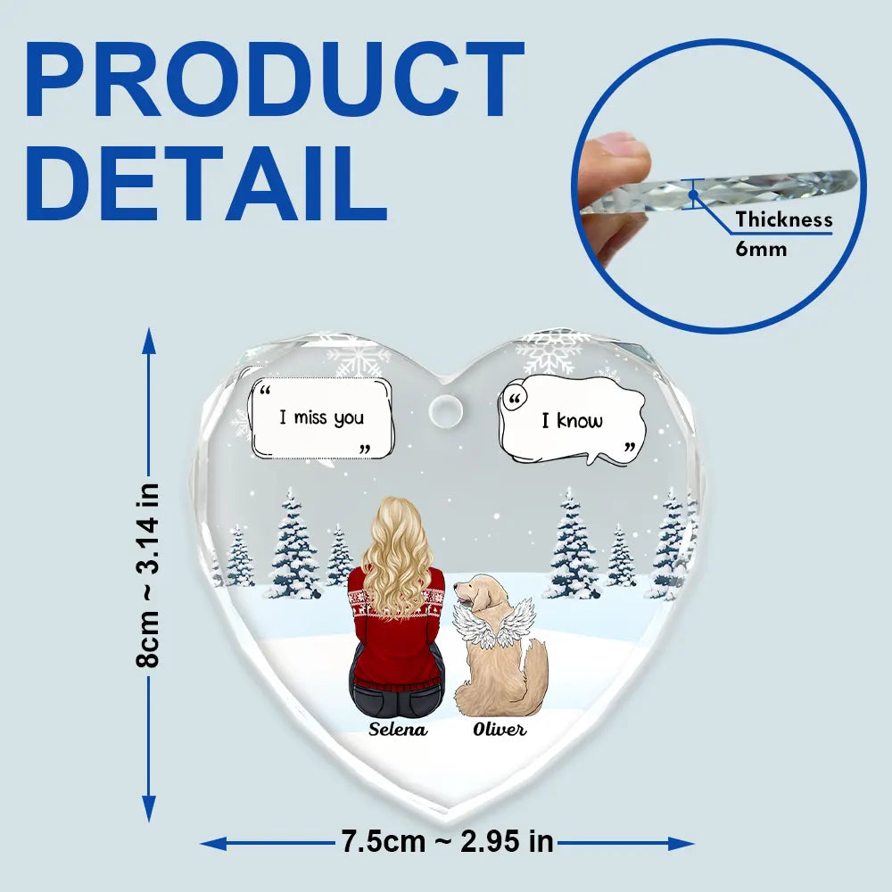 Personalized heart-shaped glass pet memorial ornament with dog and cat design, custom names, product details.