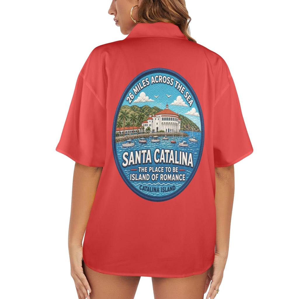 Santa Catalina the Island of Romance 26 Miles Across the Sea Women's All Over Print Hawaiian Shirt （Made in USA Ships to USA Only）