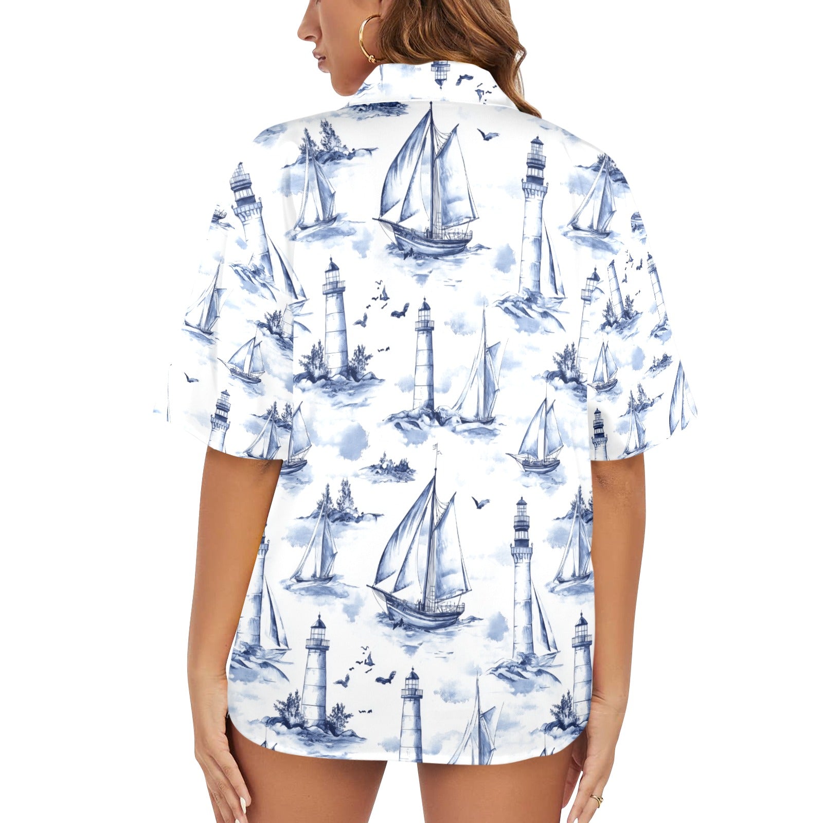 Lighthouse and Sail Ship Nautical Women's All Over Print Hawaiian Shirt Made in USA