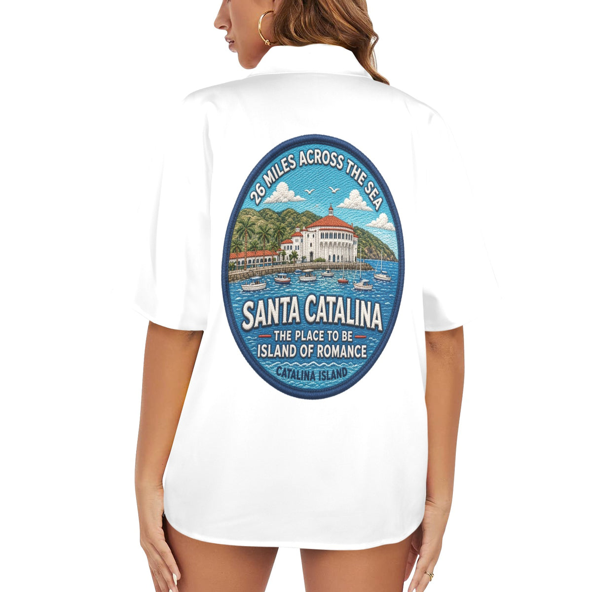 Santa Catalina the Island of Romance 26 Miles Across the Sea Women's All Over Print Hawaiian Shirt （Made in USA Ships to USA Only）