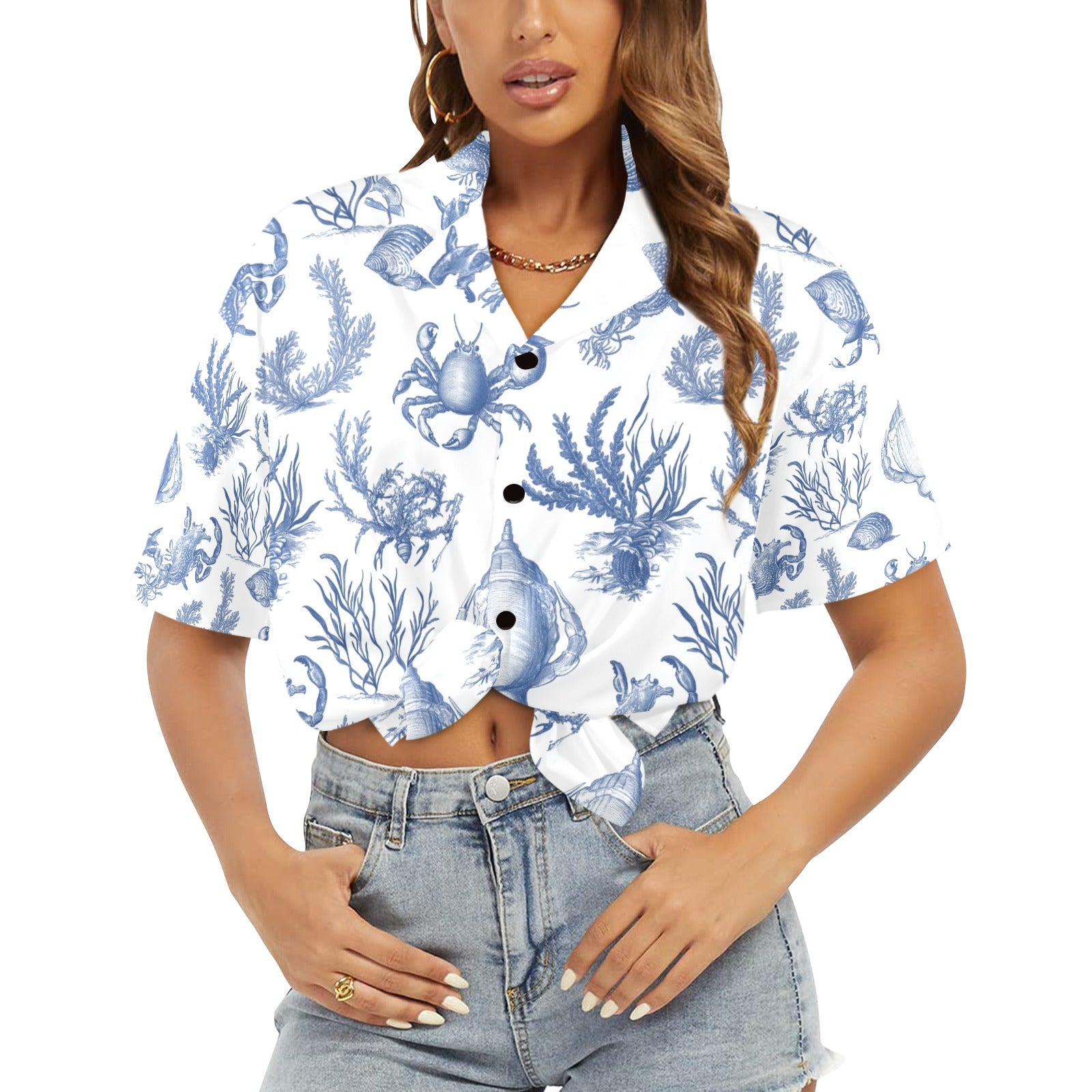 Sea Life Nautical Women's All Over Print Hawaiian Shirt Made in USA