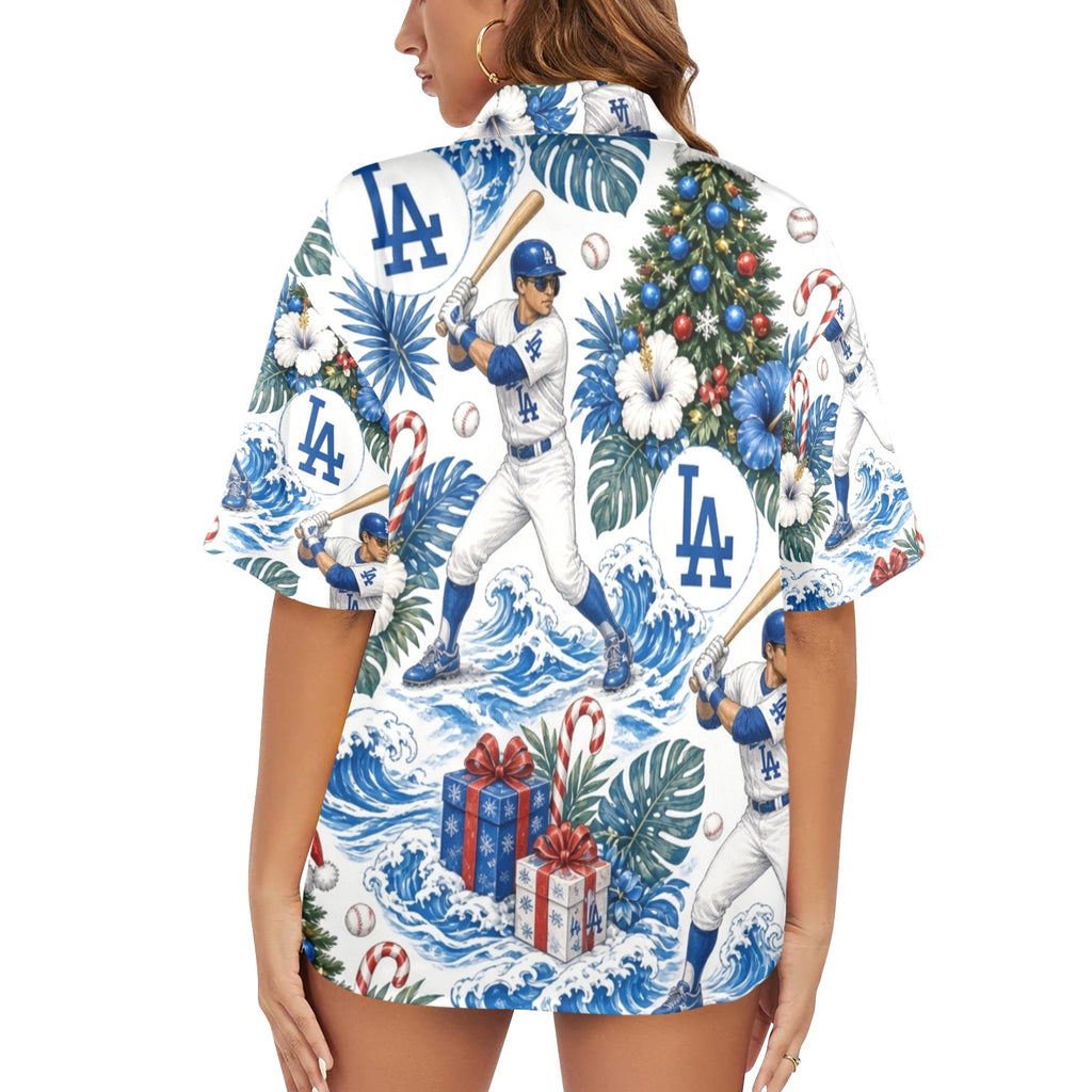 Los Angeles Dodgers Women's All Over Print Hawaiian Shirt （Made in USA Ships to USA Only）