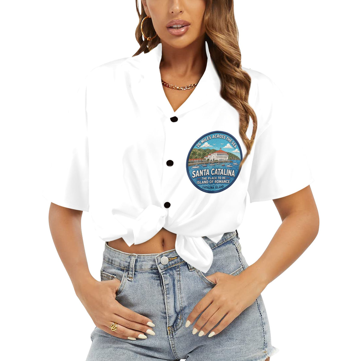 Santa Catalina the Island of Romance 26 Miles Across the Sea Women's All Over Print Hawaiian Shirt （Made in USA Ships to USA Only）
