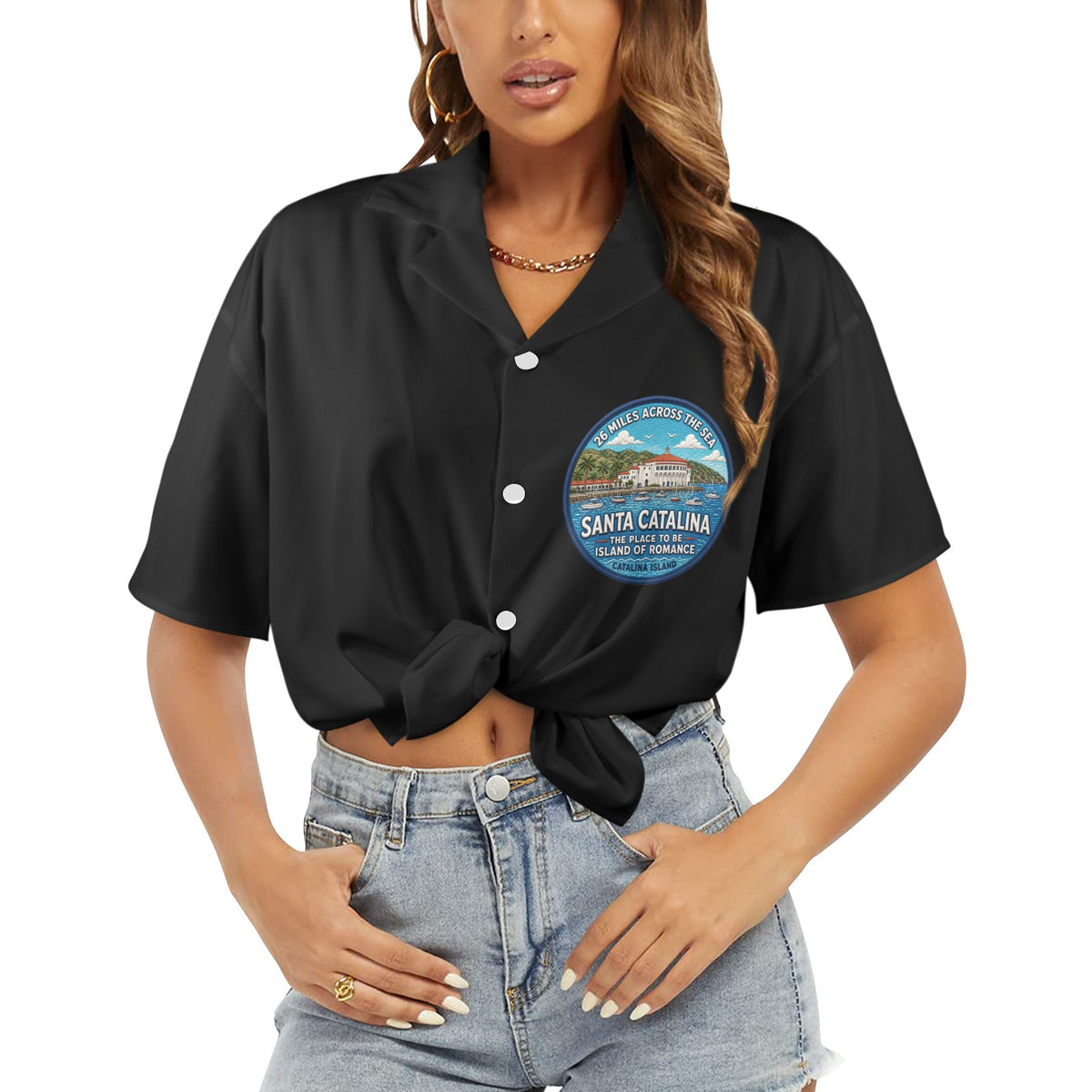Santa Catalina the Island of Romance 26 Miles Across the Sea Women's All Over Print Hawaiian Shirt （Made in USA Ships to USA Only）