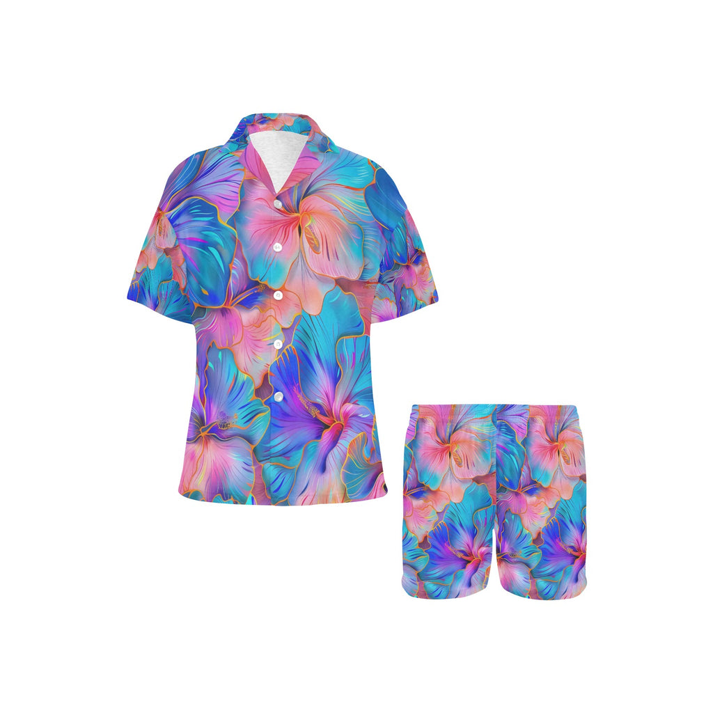 Hawaiian Floral Women's V-Neck Short Pajama Set Made in USA Free shipping