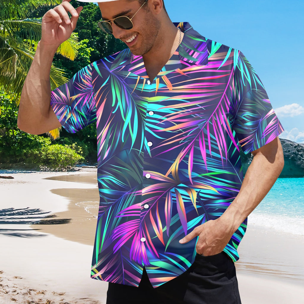 Neon Palms Men's All Over Print Hawaiian Shirt Made In USA Ships to USA Only