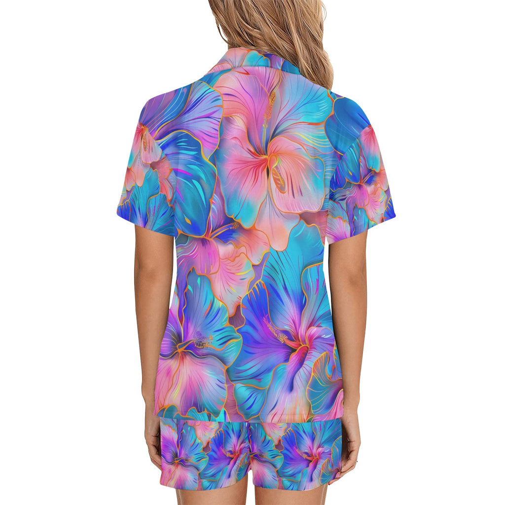 Hawaiian Floral Women's V-Neck Short Pajama Set Made in USA Free shipping