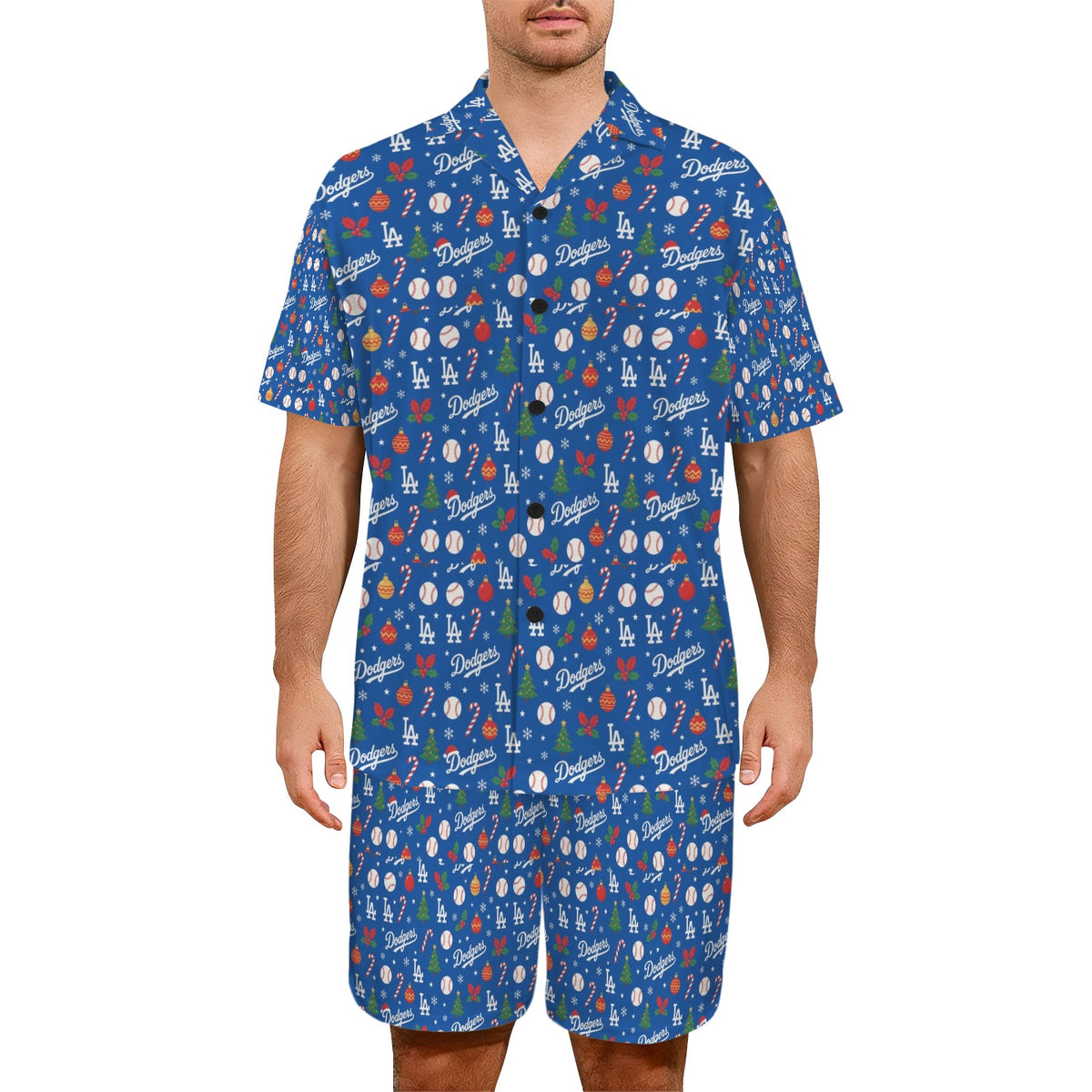 Dodgers Christmas Men's V-Neck Short Pajama Set (Made in USA，Ships to USA Only)
