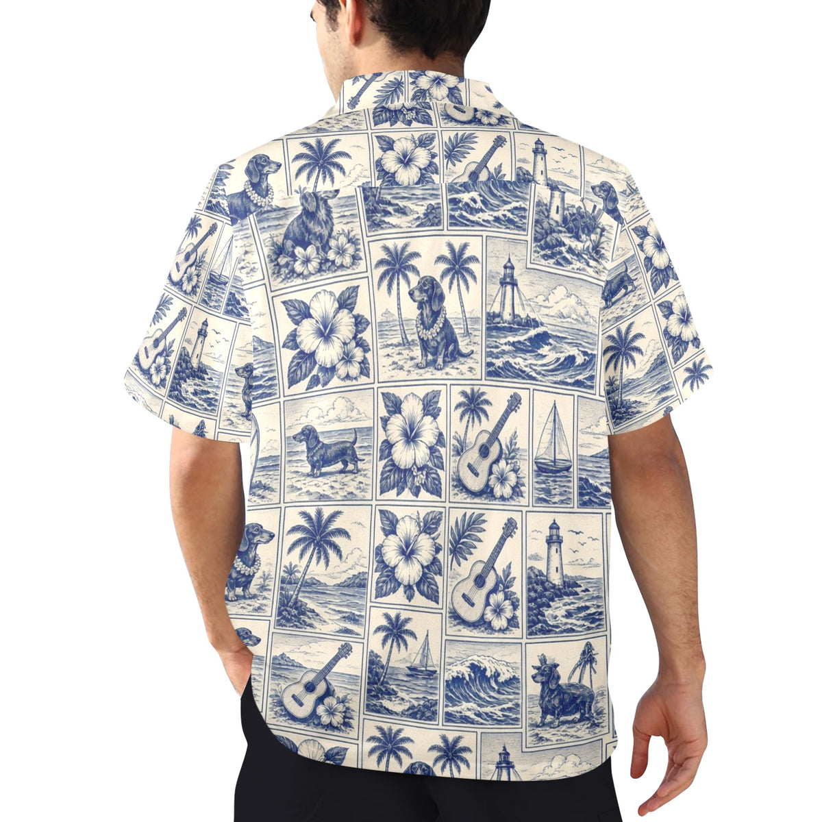 Dachshund Nautical Surf Style Men's All Over Print Hawaiian Shirt Made In USA Ships to USA Only