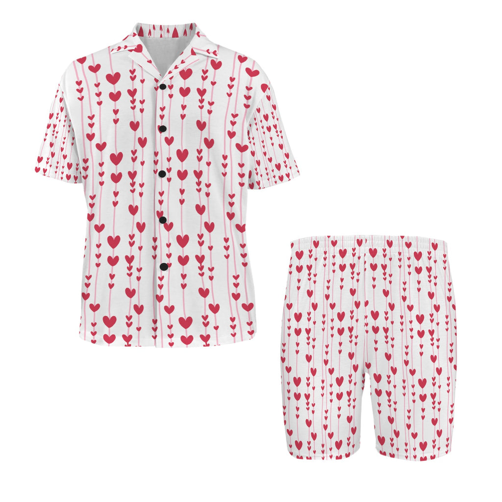 Hearts for You Men's V-Neck Short Pajama Set (Made in USA，Ships to USA Only)