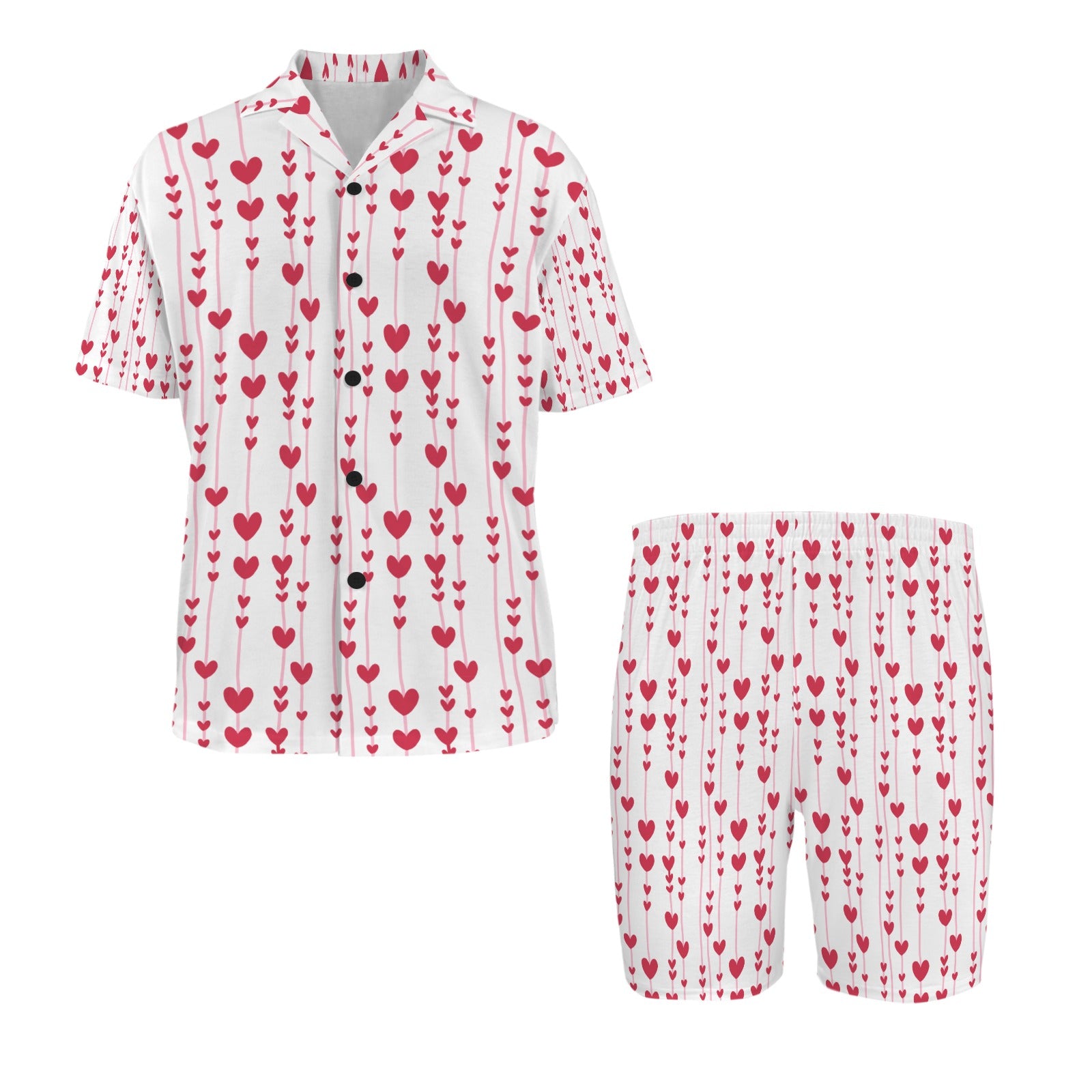 Hearts for You Men's V-Neck Short Pajama Set (Made in USA，Ships to USA Only)