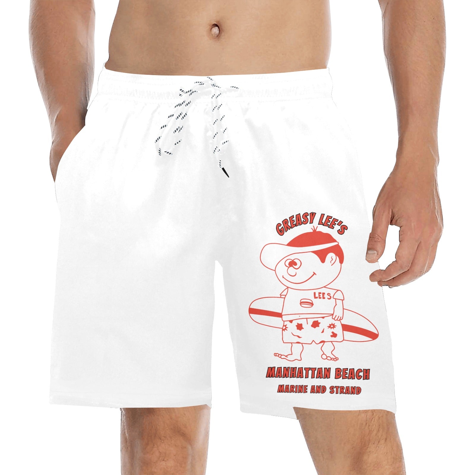 Greasy Lees Marine and Strand Manhattan Beach Old School Men's Mid-Length Beach Shorts Free Shipping