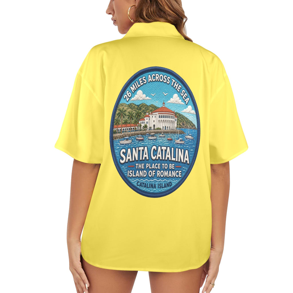 Santa Catalina the Island of Romance 26 Miles Across the Sea Women's All Over Print Hawaiian Shirt （Made in USA Ships to USA Only）