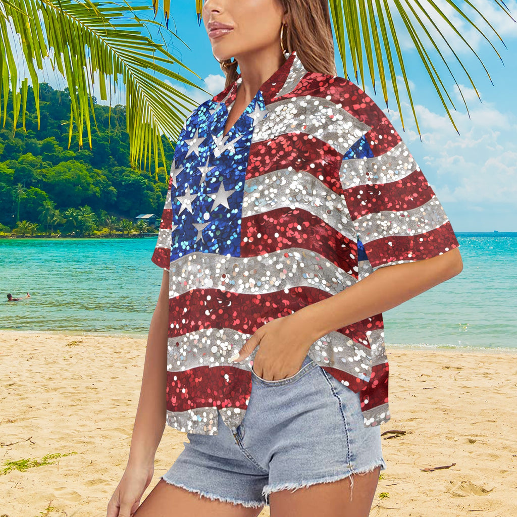 American Flag Style Women's All Over Print Shirt Made in USA