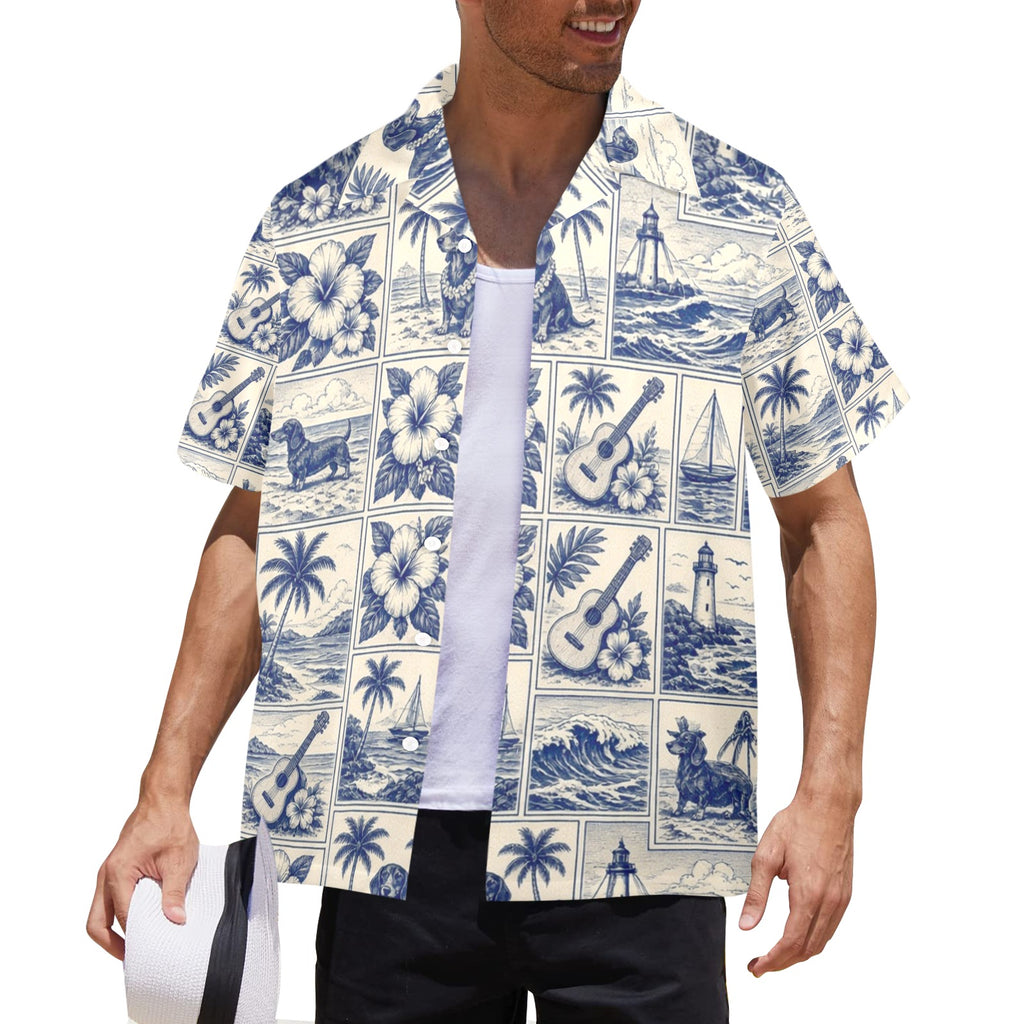 Dachshund Nautical Surf Style Men's All Over Print Hawaiian Shirt Made In USA Ships to USA Only