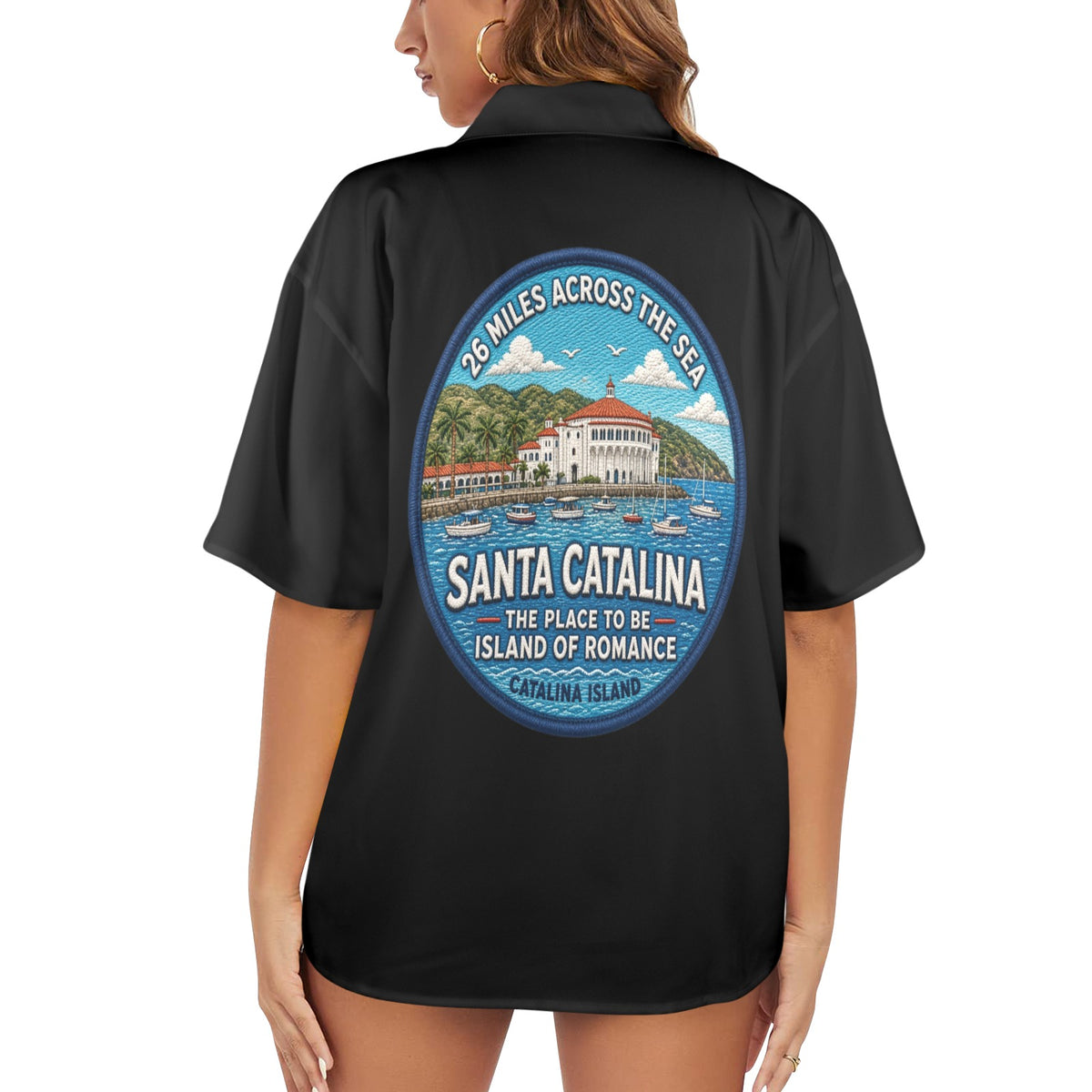 Santa Catalina the Island of Romance 26 Miles Across the Sea Women's All Over Print Hawaiian Shirt （Made in USA Ships to USA Only）