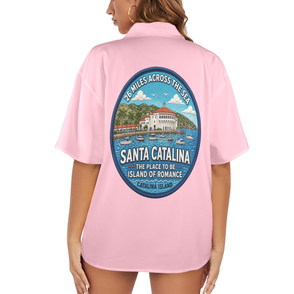 Santa Catalina the Island of Romance 26 Miles Across the Sea Women's All Over Print Hawaiian Shirt （Made in USA Ships to USA Only）