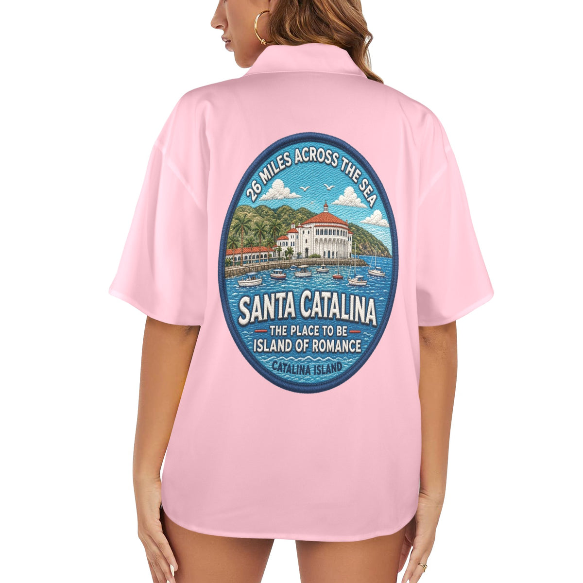 Santa Catalina the Island of Romance 26 Miles Across the Sea Women's All Over Print Hawaiian Shirt （Made in USA Ships to USA Only）