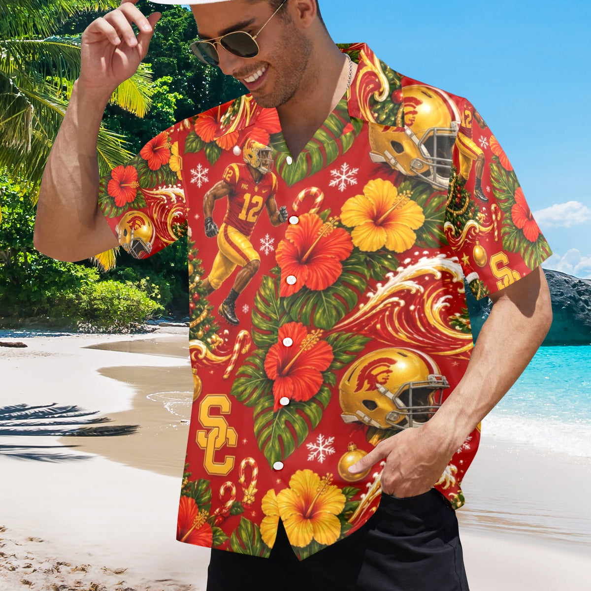 USC Christmas Men's All Over Print Hawaiian Shirt Made In USA Ships to USA Only